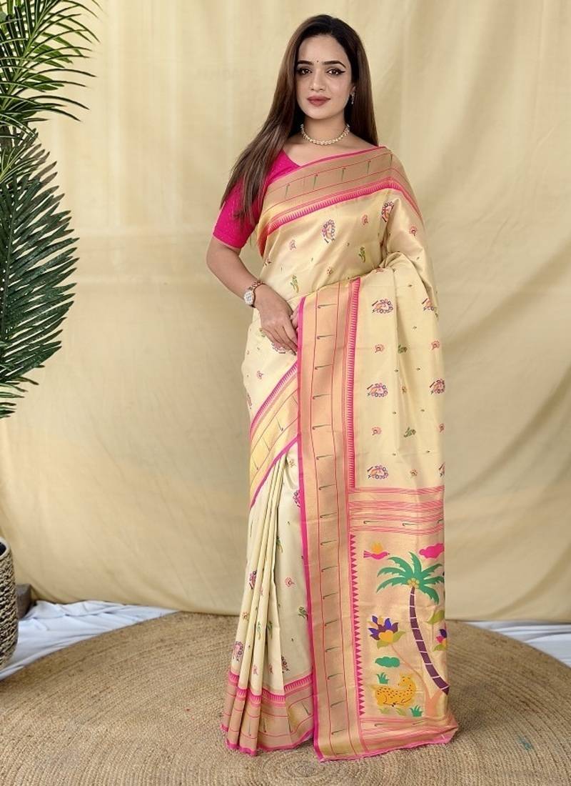 Off White Color Zari Weaving Work Silk Saree