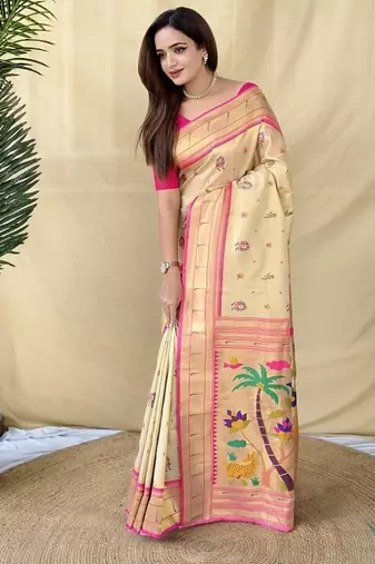 Off White Color Zari Weaving Work art silk saree