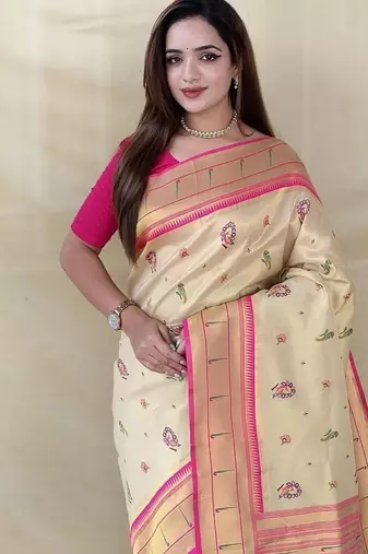 Off White Color Zari Weaving Work art silk saree