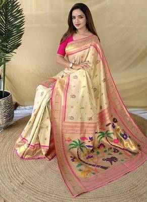 Off White Color Zari Weaving Work art silk saree 5