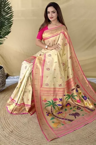 Off White Color Zari Weaving Work art silk saree