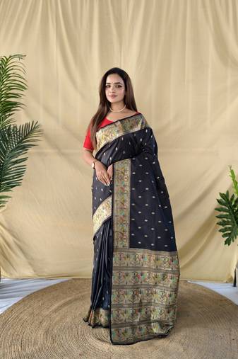 Black Color silver zari chaap weaving Work art silk saree