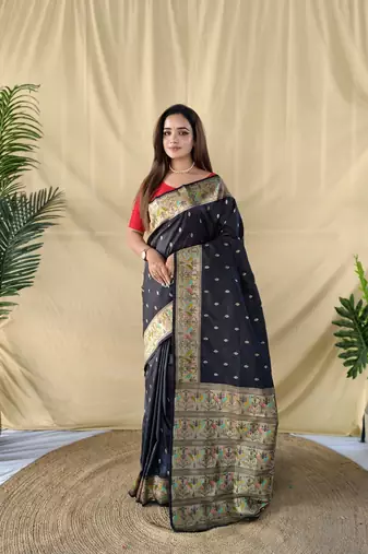 Black Color silver zari chaap weaving Work Silk Saree