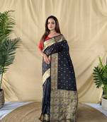 Black Color silver zari chaap weaving Work Silk Saree