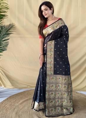 Black Color silver zari chaap weaving Work art silk saree 2