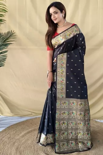 Black Color silver zari chaap weaving Work art silk saree