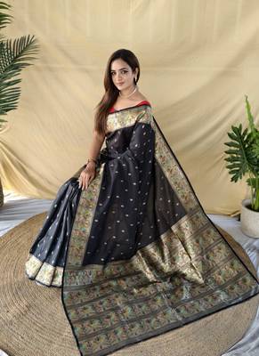 Black Color silver zari chaap weaving Work art silk saree 3