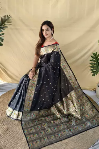 Black Color silver zari chaap weaving Work art silk saree