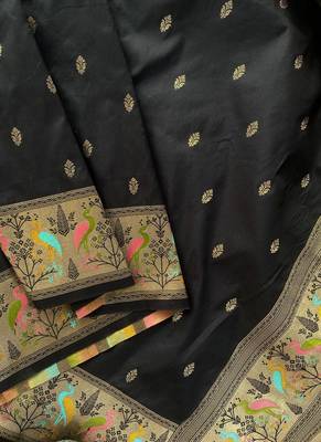 Black Color silver zari chaap weaving Work art silk saree 4