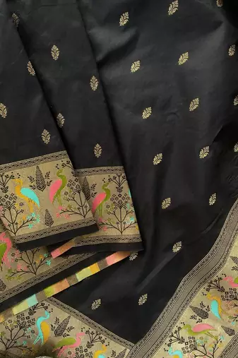 Black Color silver zari chaap weaving Work art silk saree