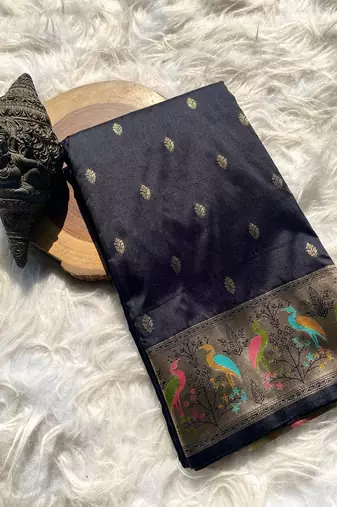 Black Color silver zari chaap weaving Work art silk saree