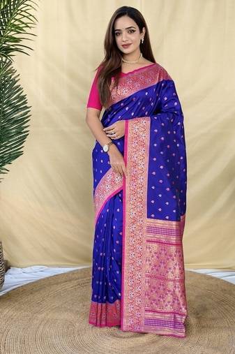 Purple Color  Zari woven buttas Work Silk Saree