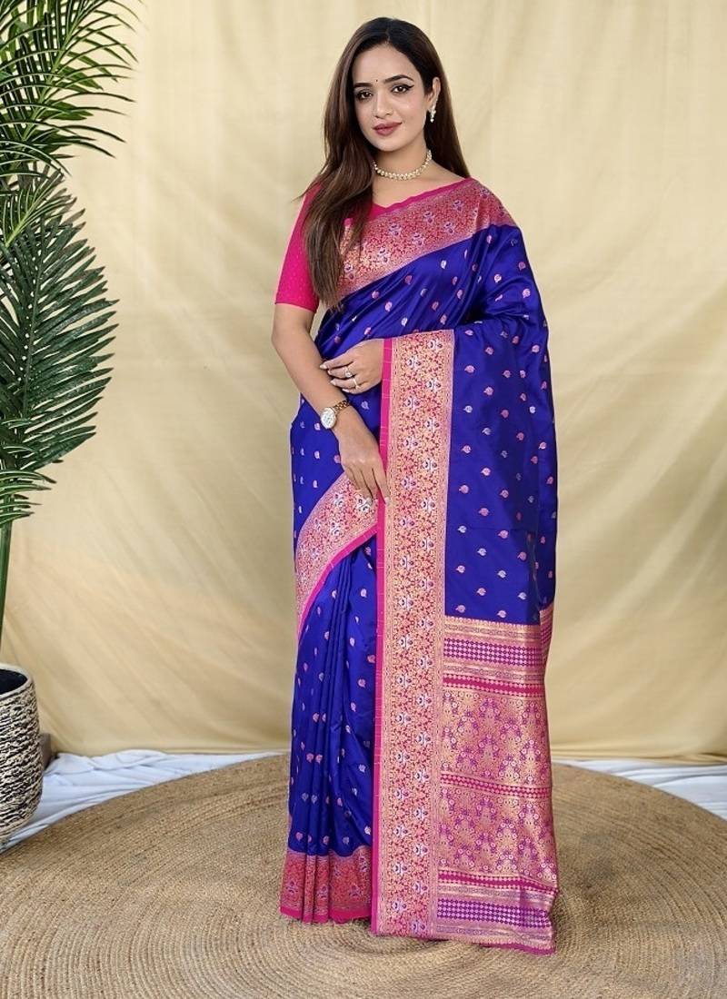 Purple Color  Zari woven buttas Work Silk Saree