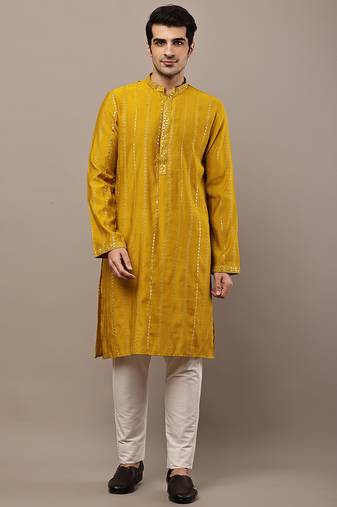 Men’s mustard textured embroidered kurta pyjama set