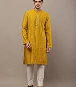 Men’s mustard textured embroidered kurta pyjama set