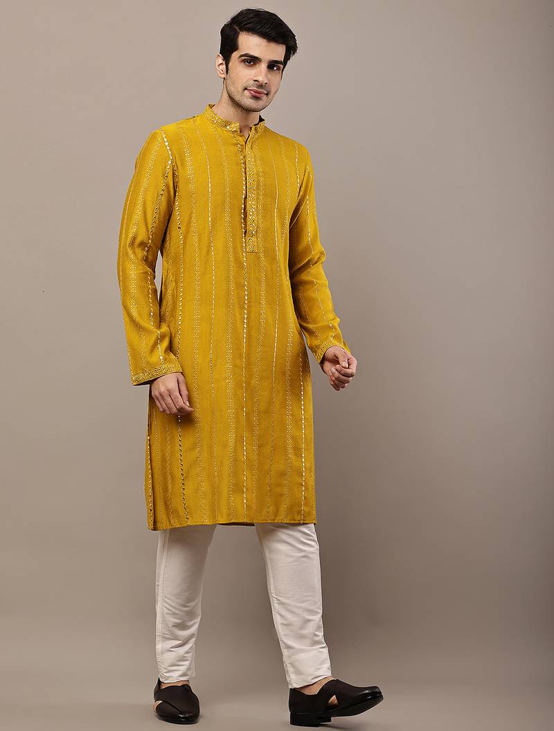 Men’s mustard textured embroidered kurta pyjama set