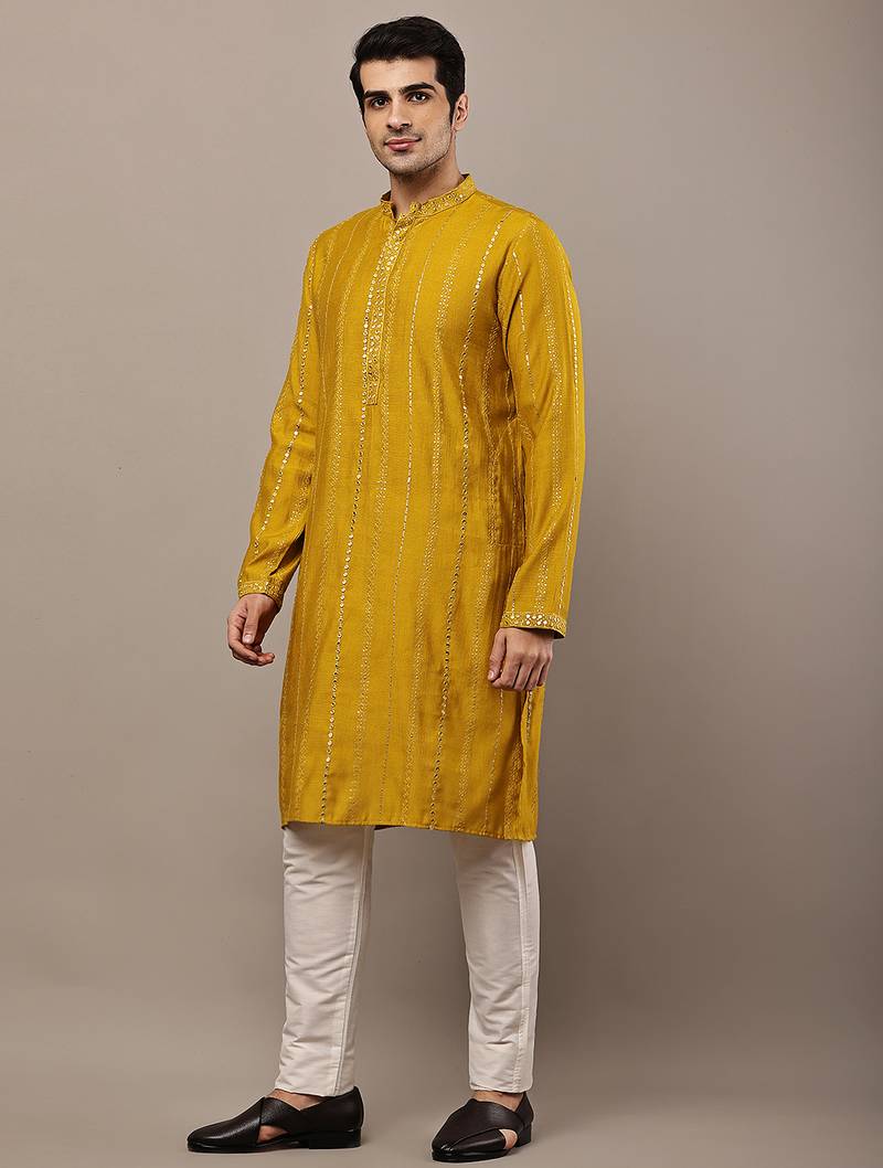Men’s mustard textured embroidered kurta pyjama set