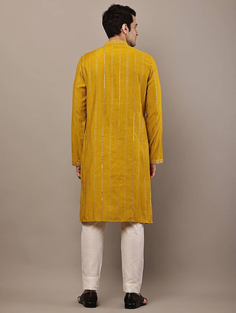 Men’s mustard textured embroidered kurta pyjama set