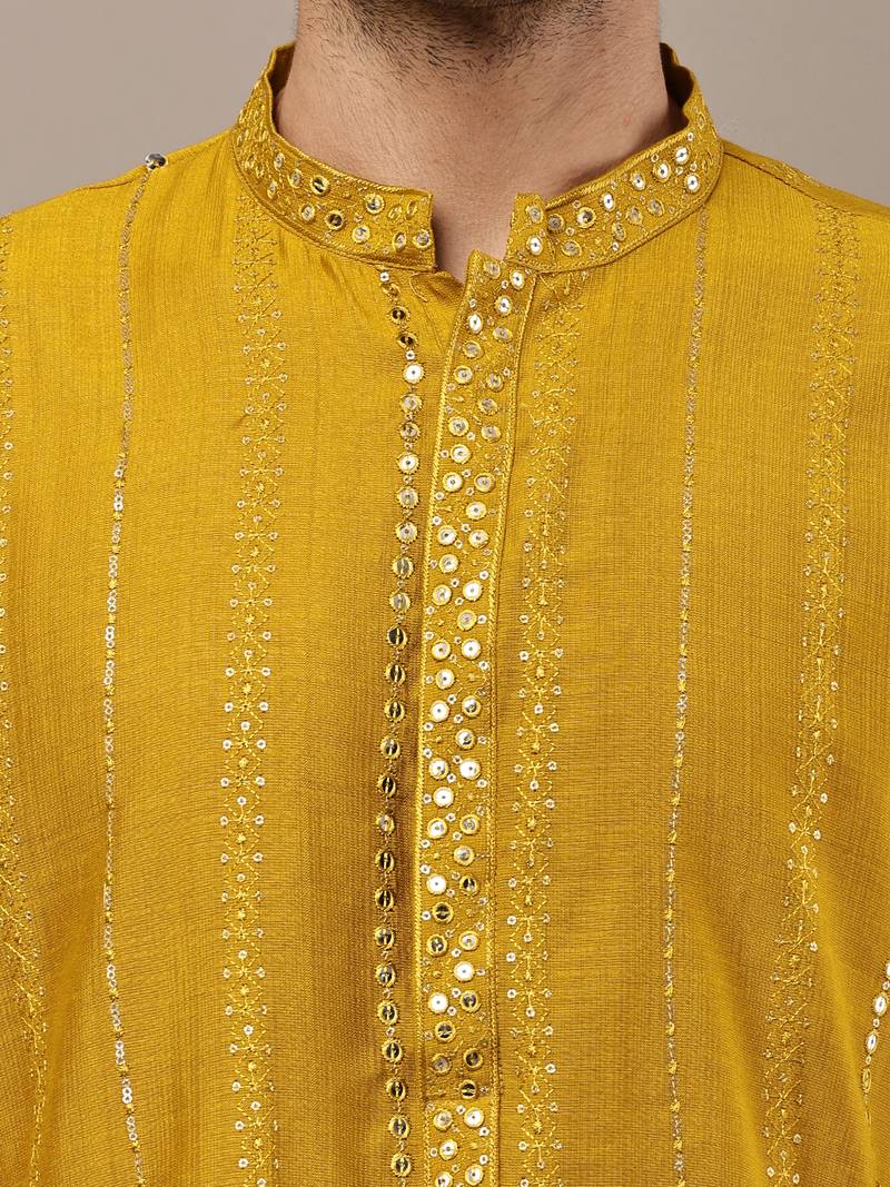 Men’s mustard textured embroidered kurta pyjama set