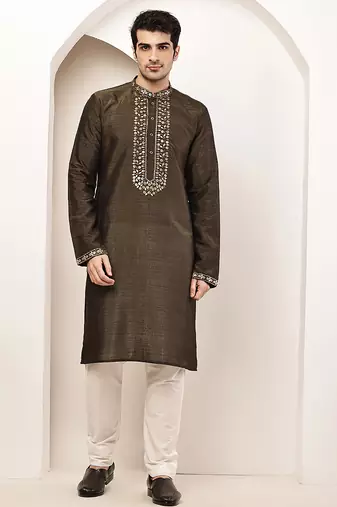 Men’s straight moss green viscose silk zari-work kurta pyjama set