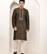 Men’s straight moss green viscose silk zari-work kurta pyjama set
