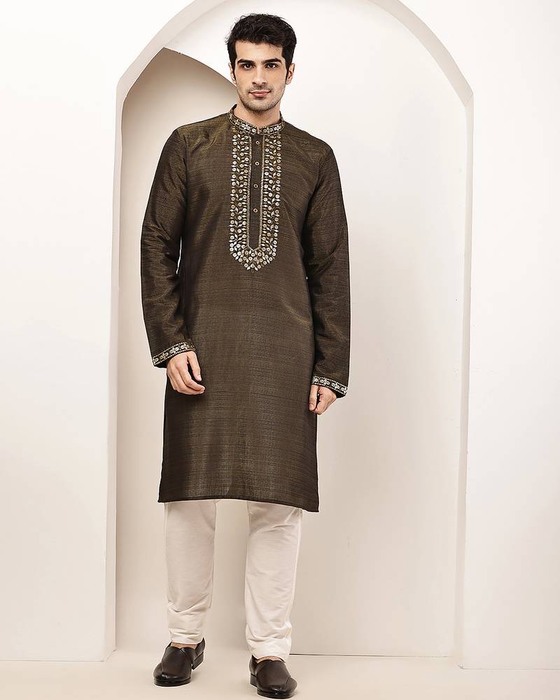 Men’s straight moss green viscose silk zari-work kurta pyjama set
