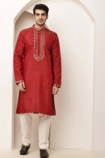 Men’s straight red viscose silk zari-work kurta pyjama set