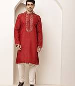 Men’s straight red viscose silk zari-work kurta pyjama set