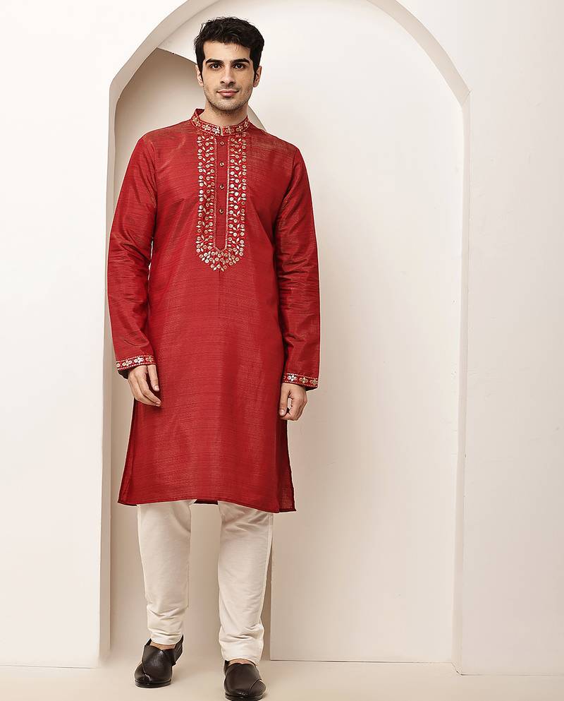 Men’s straight red viscose silk zari-work kurta pyjama set