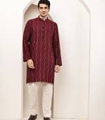 Men’s onyx maroon textured threadwork kurta pyjama set
