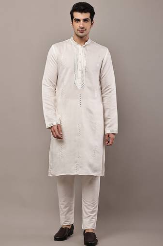 Men’s ivory white textured threadwork kurta pyjama set