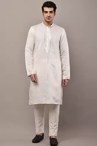 Men’s ivory white textured threadwork kurta pyjama set