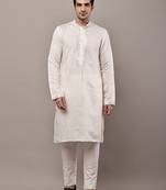 Men’s ivory white textured threadwork kurta pyjama set