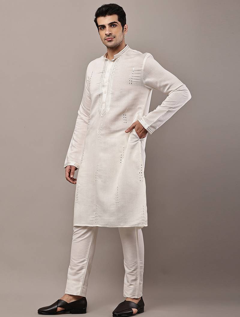 Men’s ivory white textured threadwork kurta pyjama set