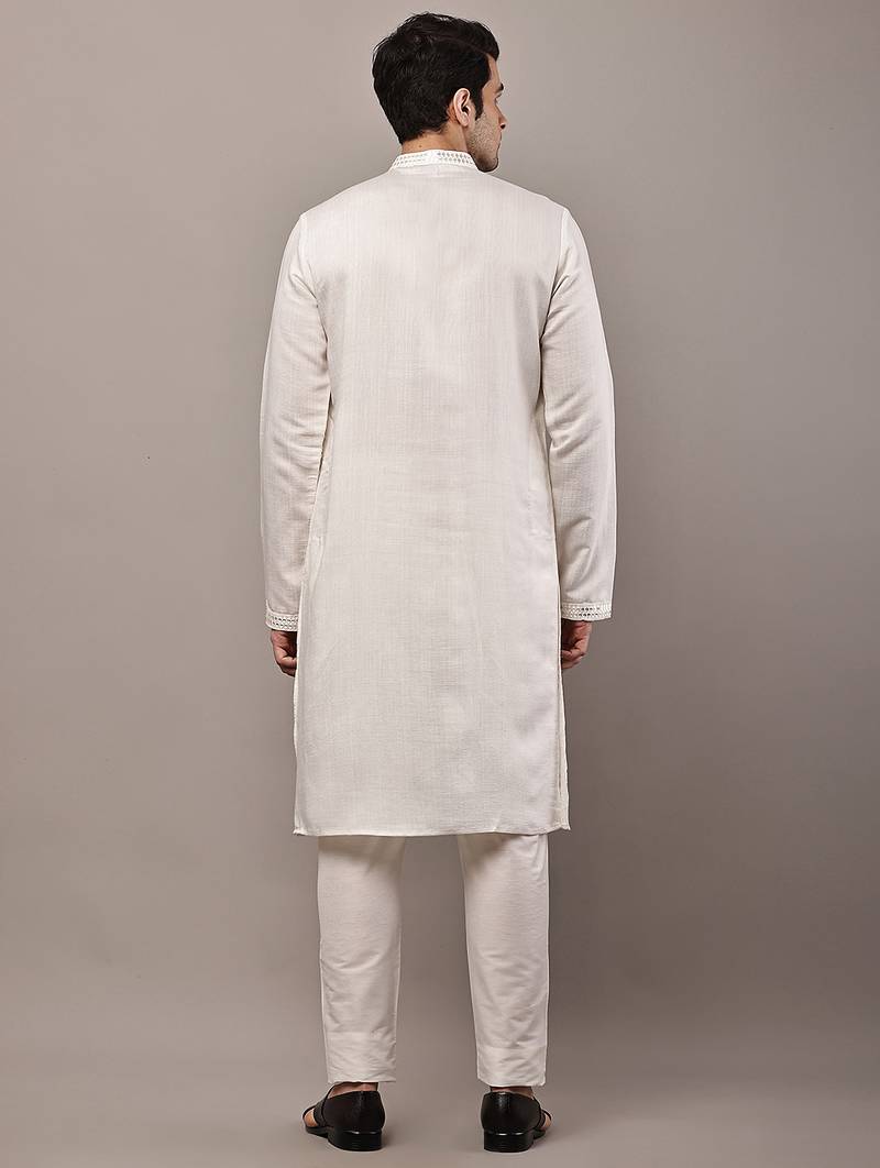 Men’s ivory white textured threadwork kurta pyjama set