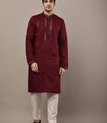 Men’s ivory maroon textured threadwork kurta pyjama set