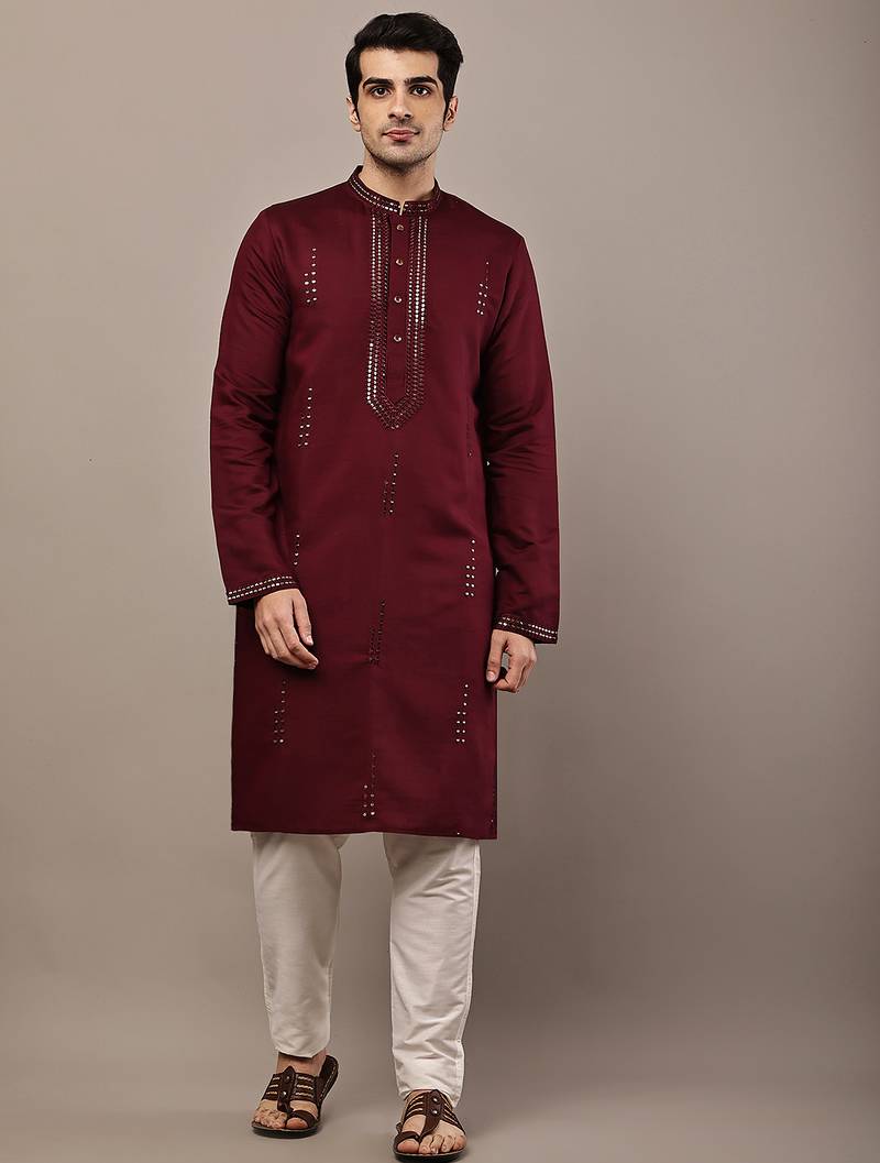 Men’s ivory maroon textured threadwork kurta pyjama set