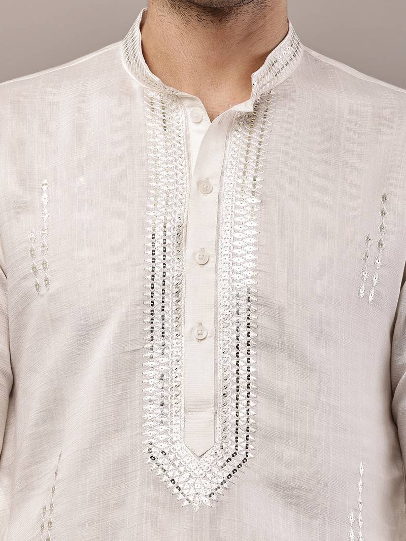 Men’s ivory white textured threadwork kurta pyjama set