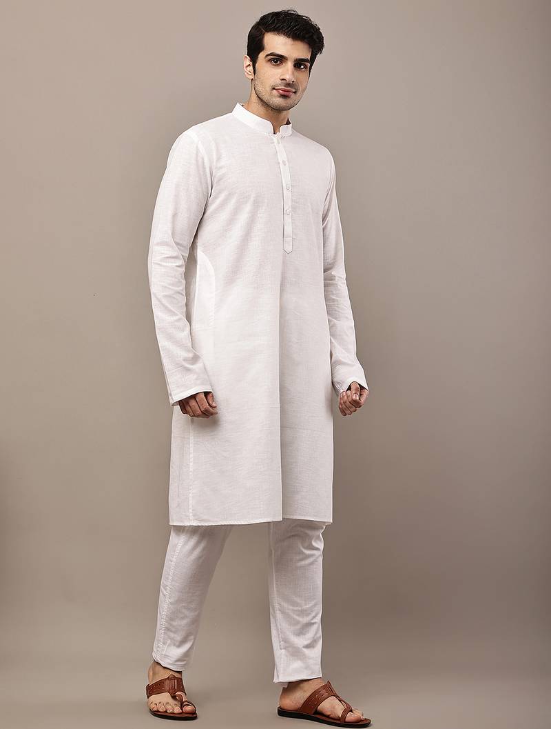 Men's white straight viscose silk kurta pyjama set
