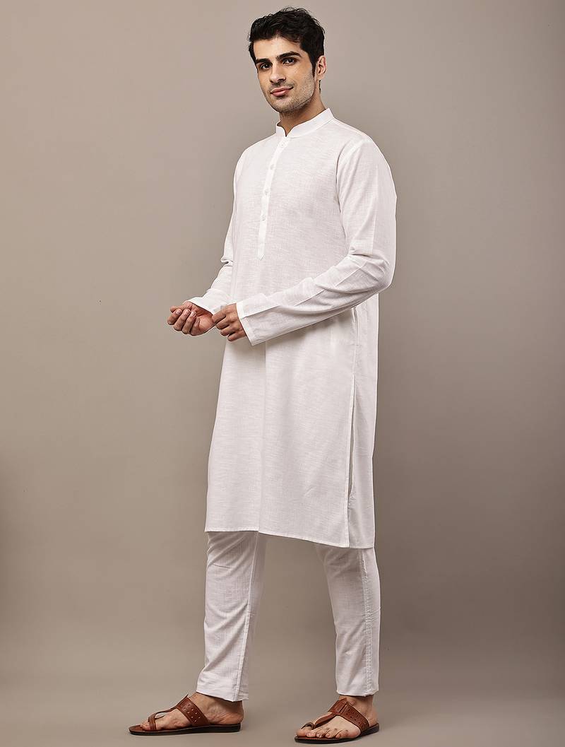 Men's white straight viscose silk kurta pyjama set
