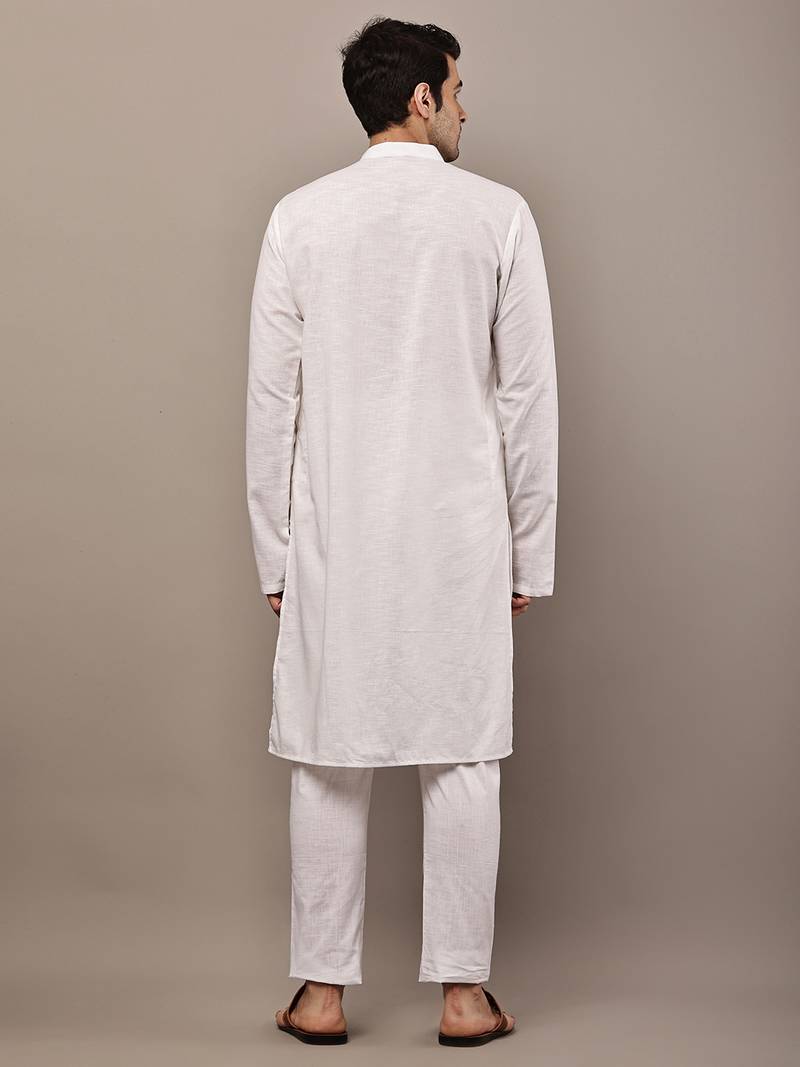 Men's white straight viscose silk kurta pyjama set