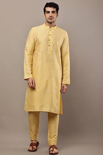 Men's yellow straight viscose silk kurta pyjama set