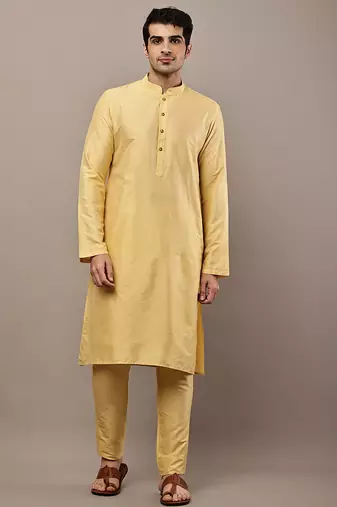 Men's yellow straight viscose silk kurta pyjama set