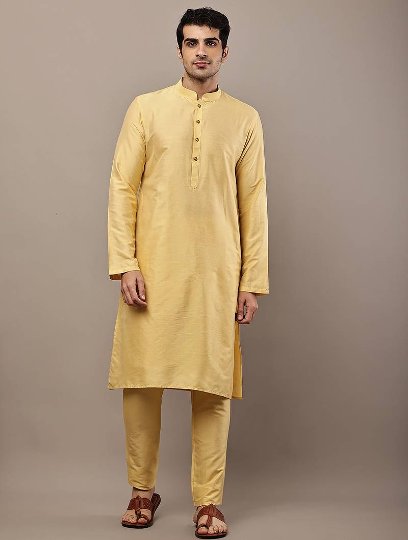 Men's yellow straight viscose silk kurta pyjama set