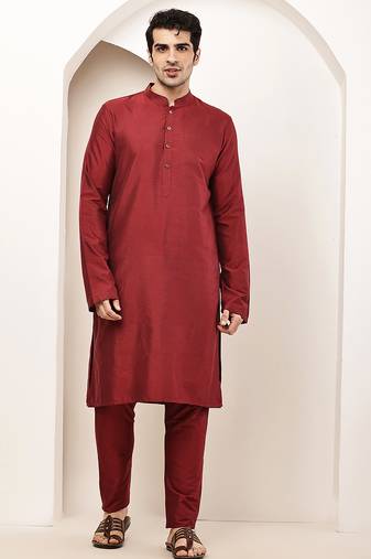 Men's dark red straight viscose silk kurta pyjama set
