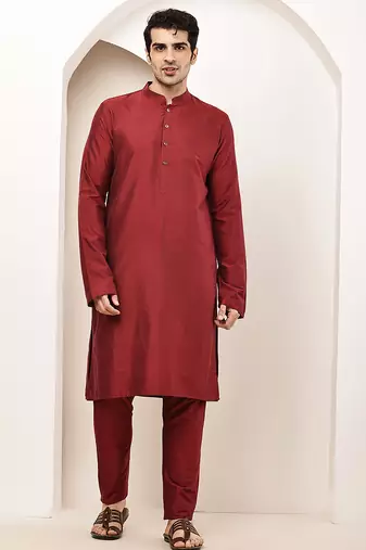 Men's dark red straight viscose silk kurta pyjama set