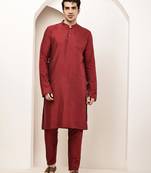 Men's dark red straight viscose silk kurta pyjama set