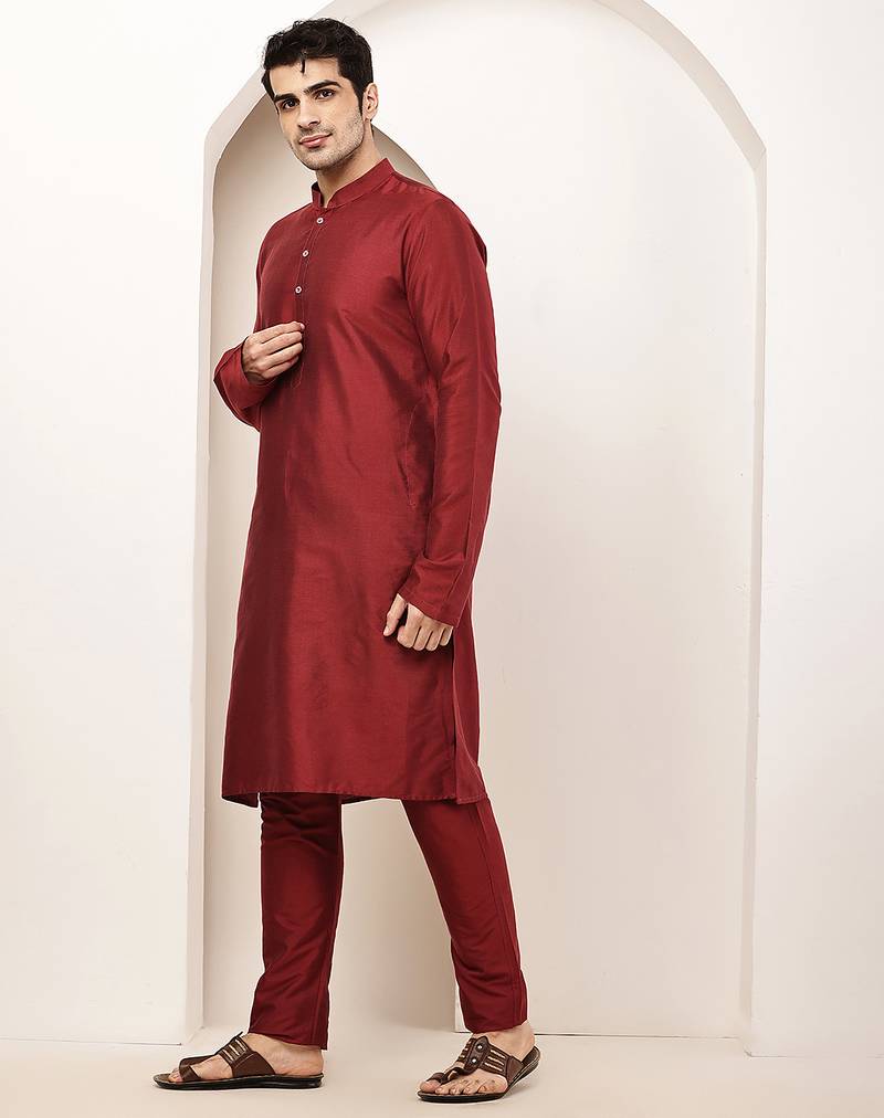 Men's dark red straight viscose silk kurta pyjama set