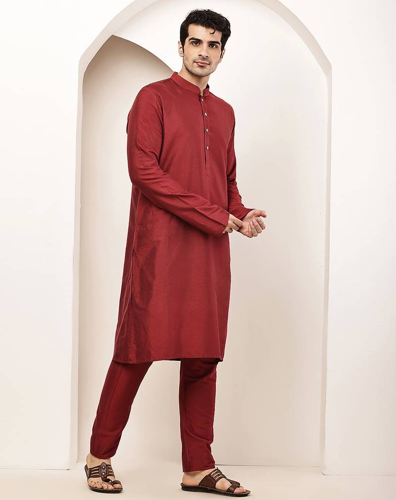 Men's dark red straight viscose silk kurta pyjama set