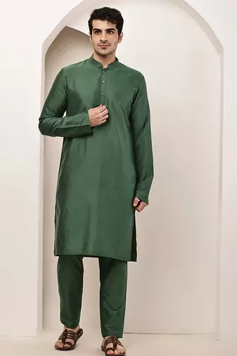Men's green straight viscose silk kurta pyjama set